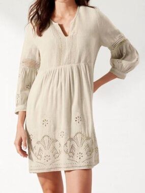 Tommy Bahama St Lucia Linen Dress XL Tan Eyelet Boho Beach Cover Up Resort Vaca